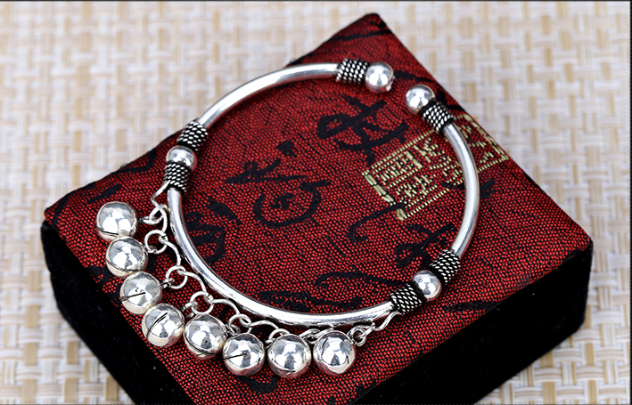 Retro S925 Silver Women Hollow Open Bracelet With Bells